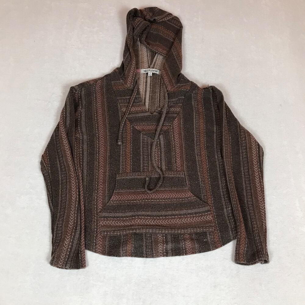 Wall Flower Brown Baja Poncho Style Striped Brown Hoodie Sweatshirt Medium